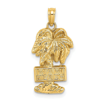 14K Yellow Gold Textured Polished Finish MIAMI BEACH with Banner on Palm Tree Charm Pendant at $ 111.05 only from Jewelryshopping.com