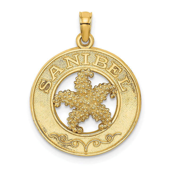 14K Yellow Gold Polished Textured Finish SANIBEL Florida with Starfish in Circle Design Charm Pendant