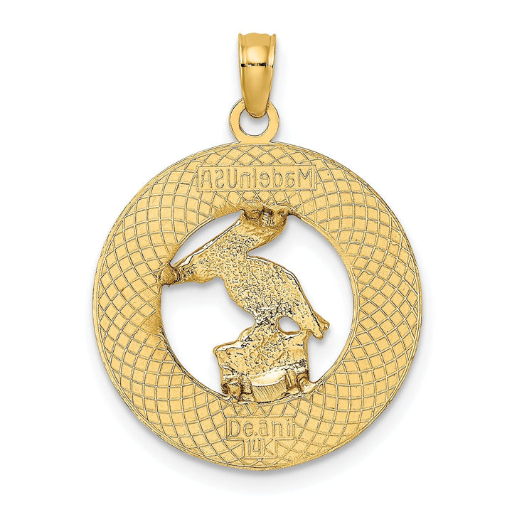 14K Yellow Gold Textured Polished Finish FT. LAUDERDALE-BY-THE-SEA Flordia with Pelican in Circle Design Charm Pendant