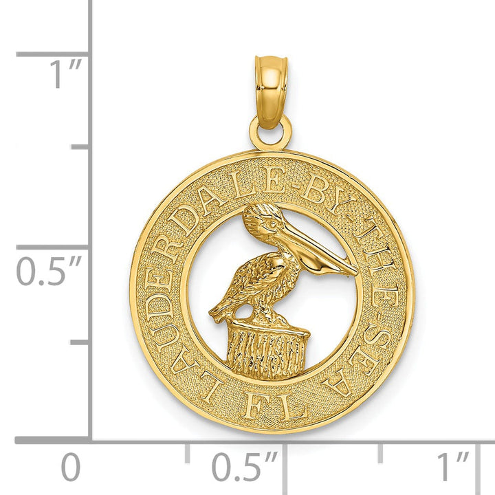 14K Yellow Gold Textured Polished Finish FT. LAUDERDALE-BY-THE-SEA Flordia with Pelican in Circle Design Charm Pendant