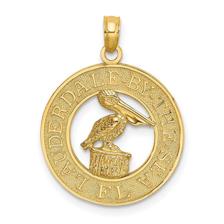 14K Yellow Gold Textured Polished Finish FT. LAUDERDALE-BY-THE-SEA Flordia with Pelican in Circle Design Charm Pendant