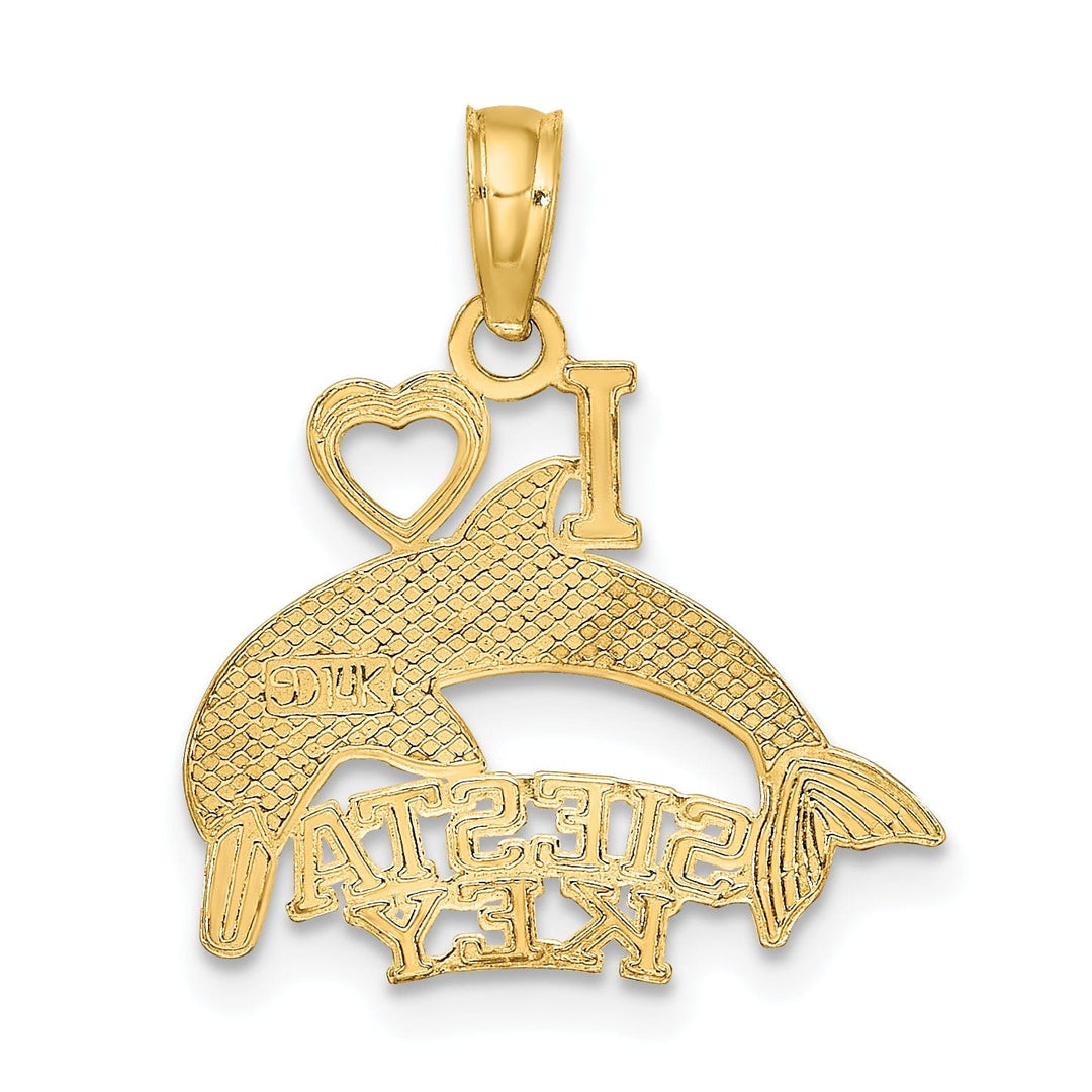 14K Yellow Gold Polished Finish I HEART SIESTA KEY with Dolphin Swimming Charm Pendant