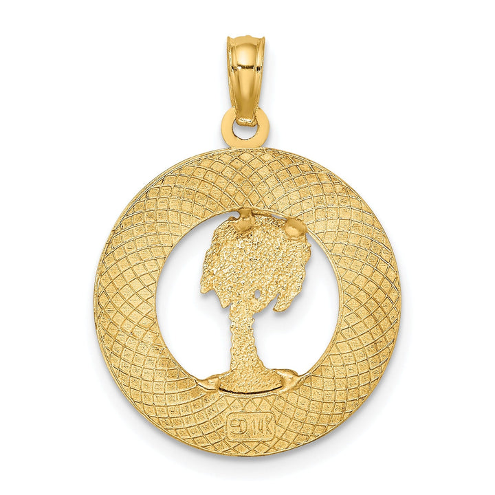 14K Yellow Gold Polished Textured Finish SIESTA Key Florida Banner Palm Tree Circle Design Charm Pendant