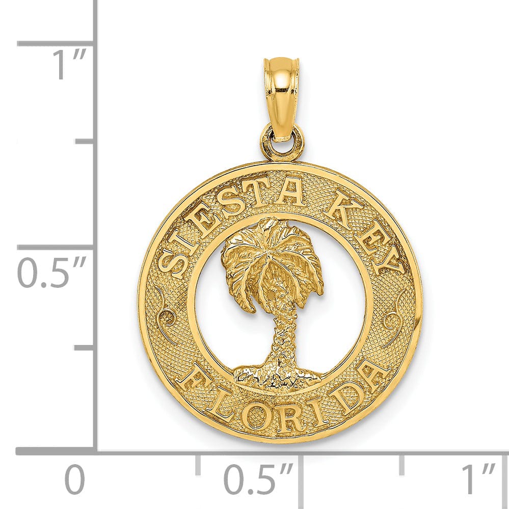 14K Yellow Gold Polished Textured Finish SIESTA Key Florida Banner Palm Tree Circle Design Charm Pendant