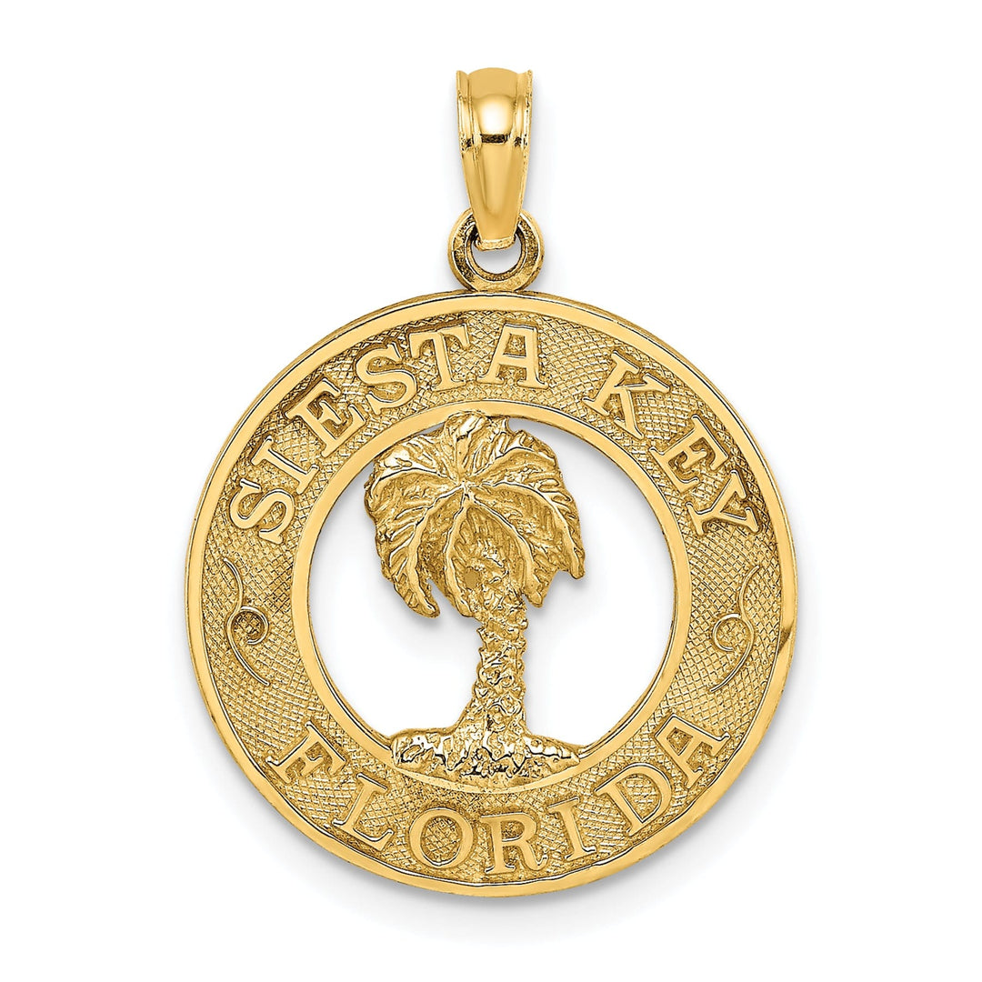 14K Yellow Gold Polished Textured Finish SIESTA Key Florida Banner Palm Tree Circle Design Charm Pendant