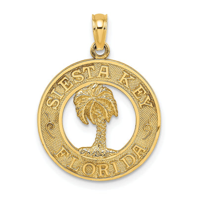 14K Yellow Gold Polished Textured Finish SIESTA Key Florida Banner Palm Tree Circle Design Charm Pendant at $ 187.56 only from Jewelryshopping.com