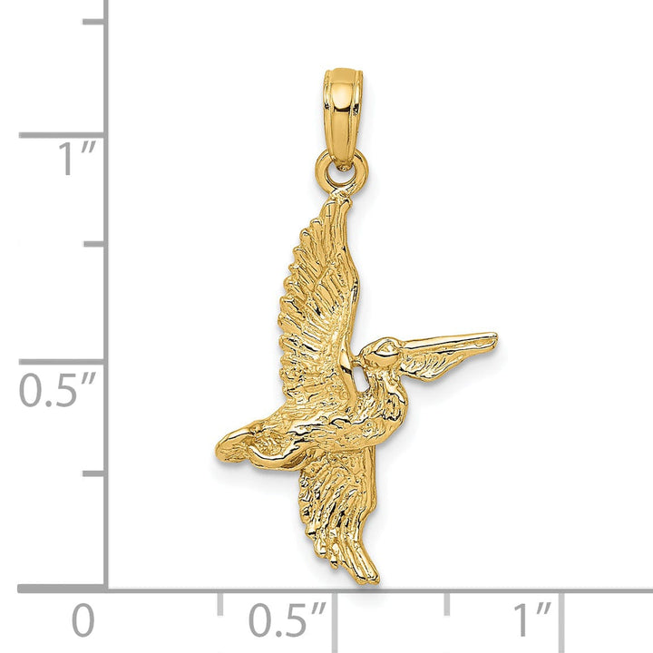 14K Yellow Gold Polished Texture Finish 3-Dimensional Pelican in Flight Charm Pendant