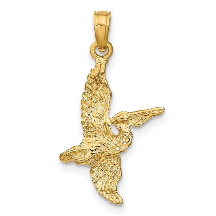 14K Yellow Gold Polished Textured Finish 3-Dimensional Pelican Flying Charm Pendant