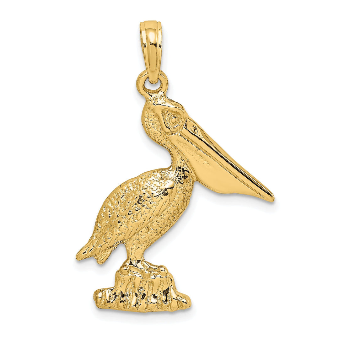 14K Yellow Gold Textured Polished Finish Pelican Standing on Piling Charm Pendant