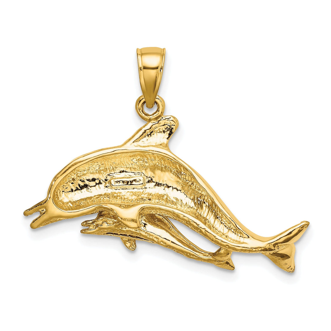 14K Yellow Gold Textured Polished Finish 2-Dimensional Two Swimming Dolphins Charm Pendant