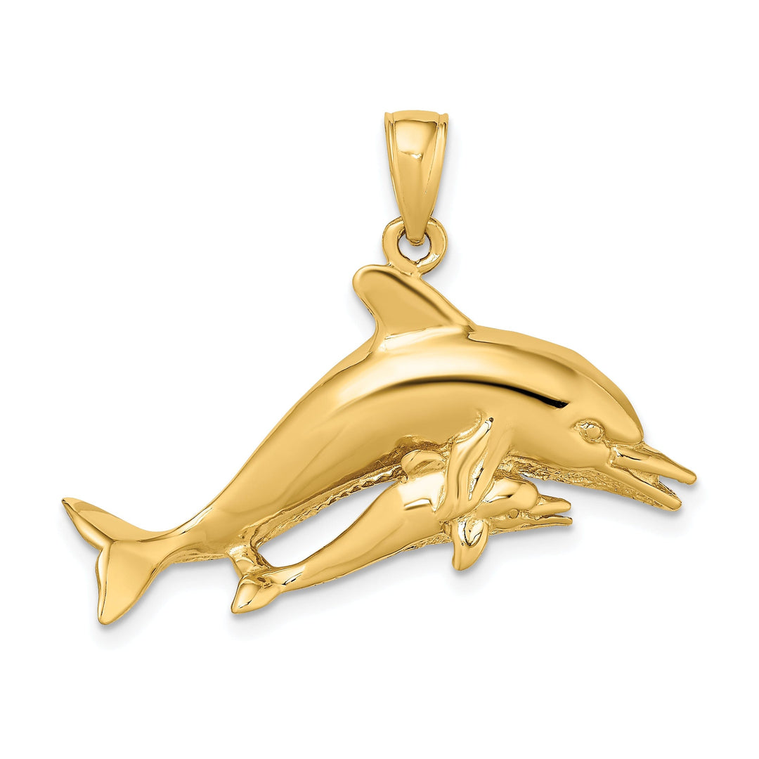 14K Yellow Gold Textured Polished Finish 2-Dimensional Two Swimming Dolphins Charm Pendant
