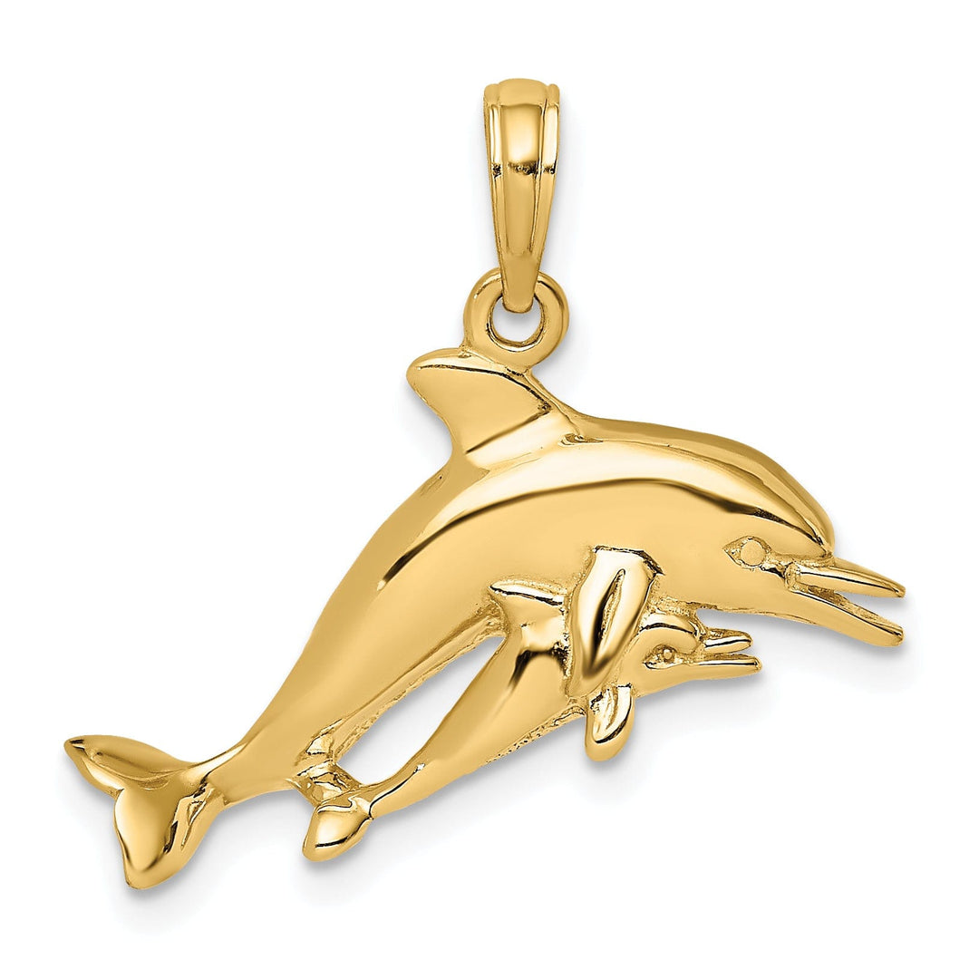 14K Yellow Gold Polished Finish 2-Dimensional Double Dolphins Swimming Together Charm Pendant
