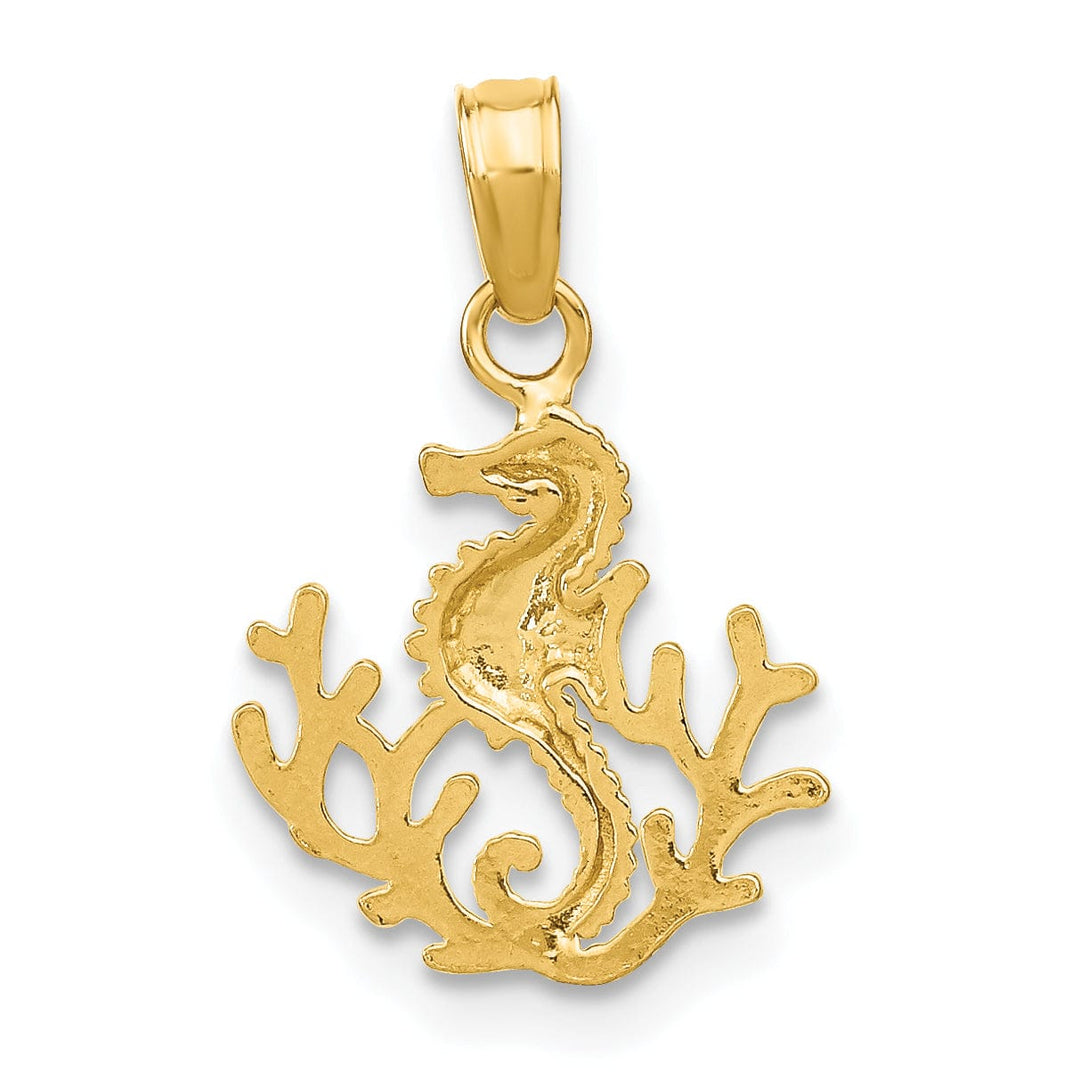 14K Yellow Gold Polished Textured Finish Mini Size Seahorse with Coral Design Charm Pendant