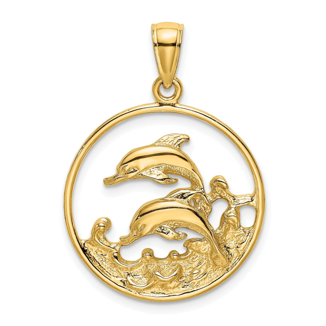 14K Yellow Gold Textured Polished Finish Double Dolphins In Circle Design Charm Pendant