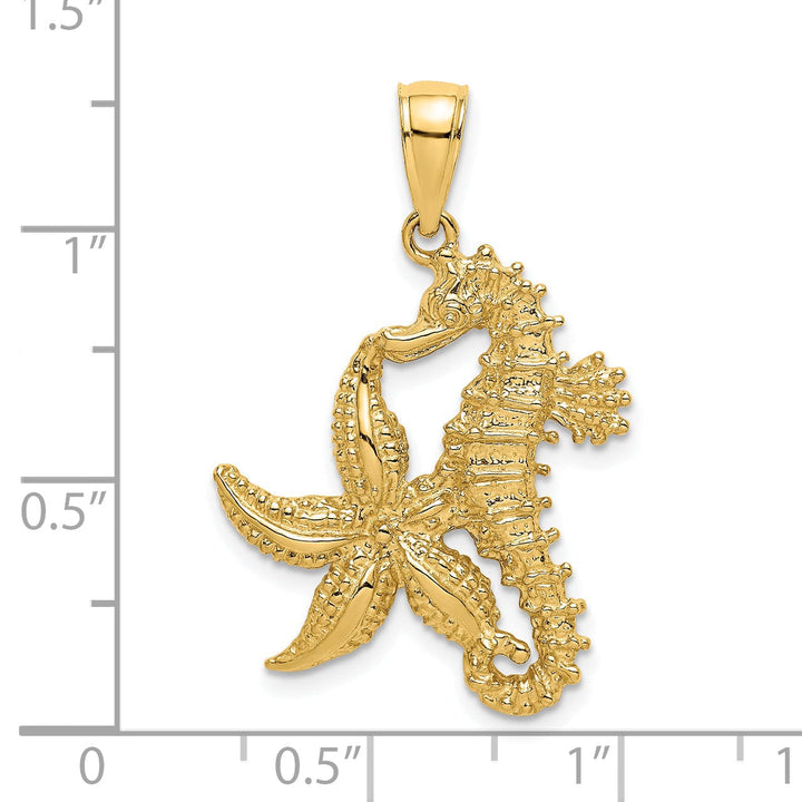 14K Yellow Gold Solid Polished Texture Finish Starfish and Seahorse Design Charm Pendant