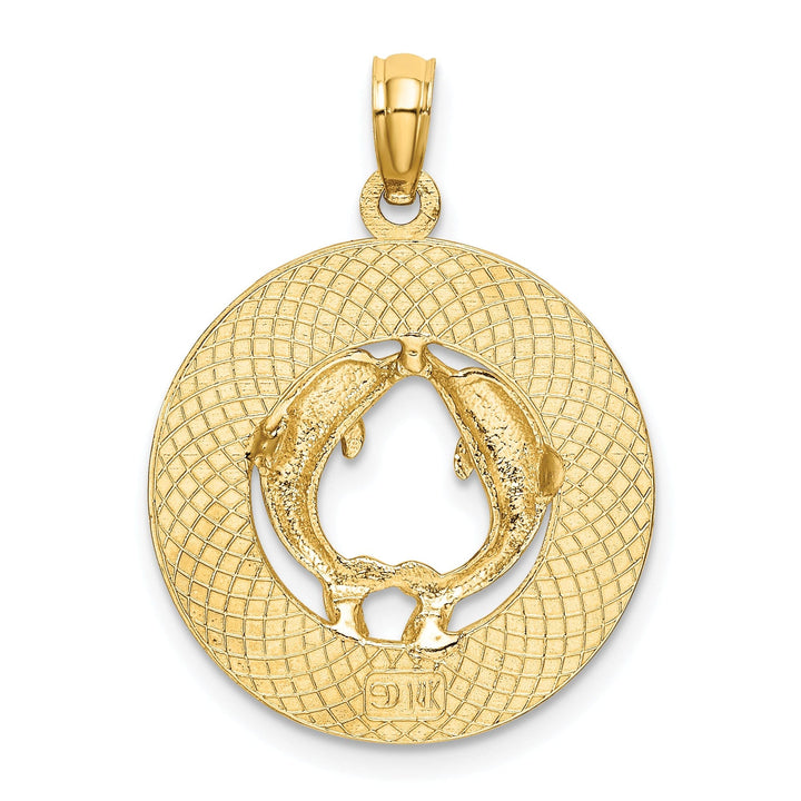 14K Yellow Gold Polished Textured Finish TURKS & CAICOS Circle Design with Double Dolphins Charm Pendant