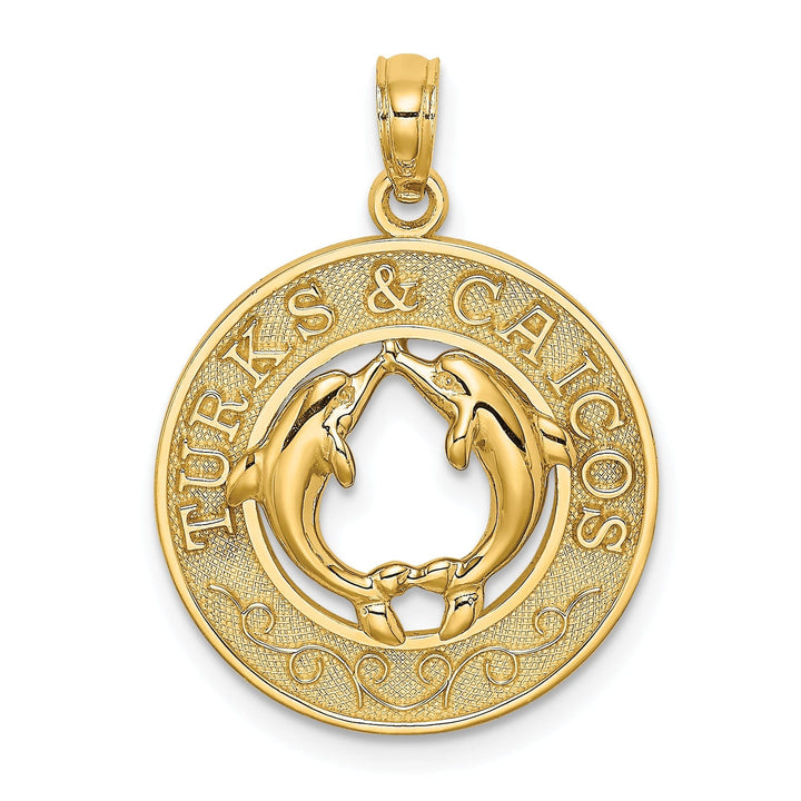 14K Yellow Gold Polished Textured Finish TURKS & CAICOS Circle Design with Double Dolphins Charm Pendant