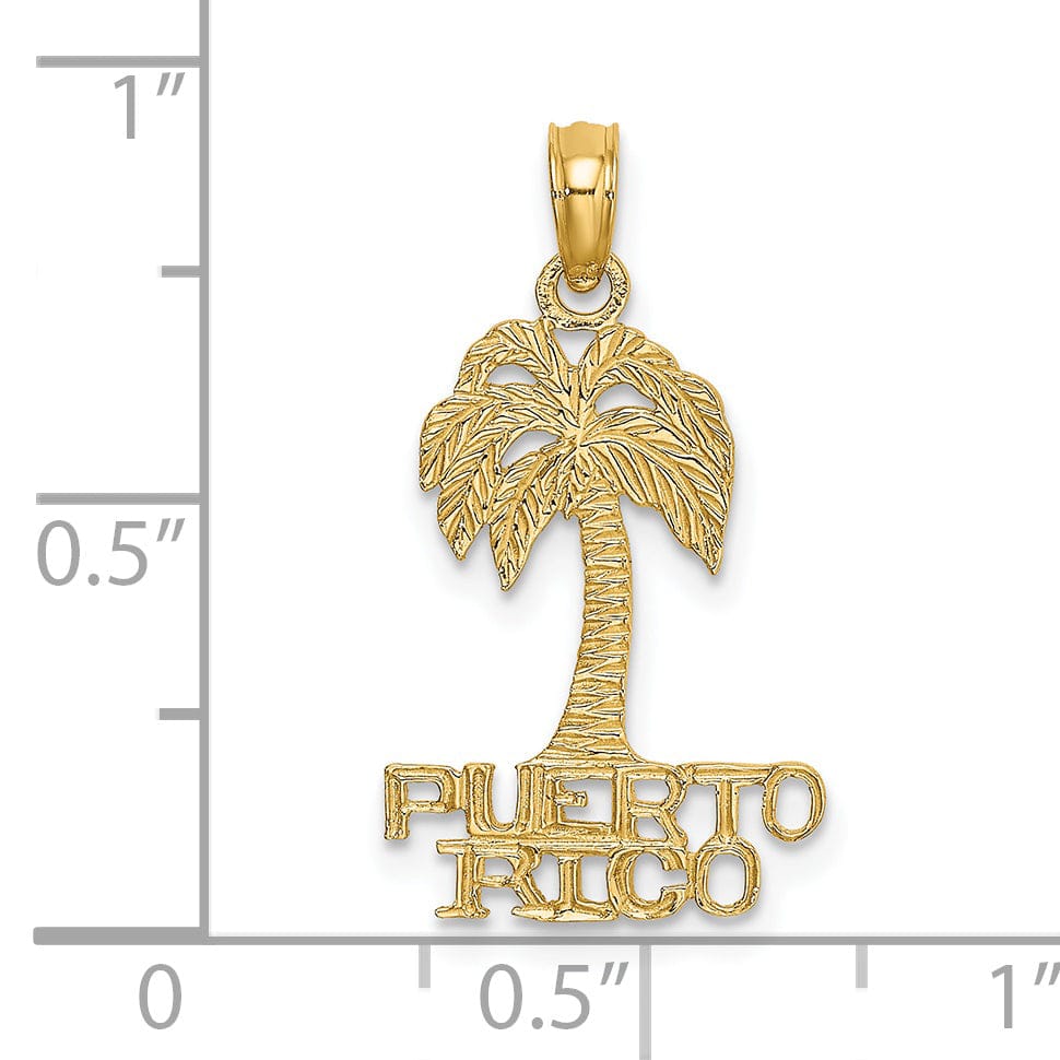 14K Yellow Gold Polished Textured Finish Flat Back PUERTO RICO Under Palm Tree Charm Pendant