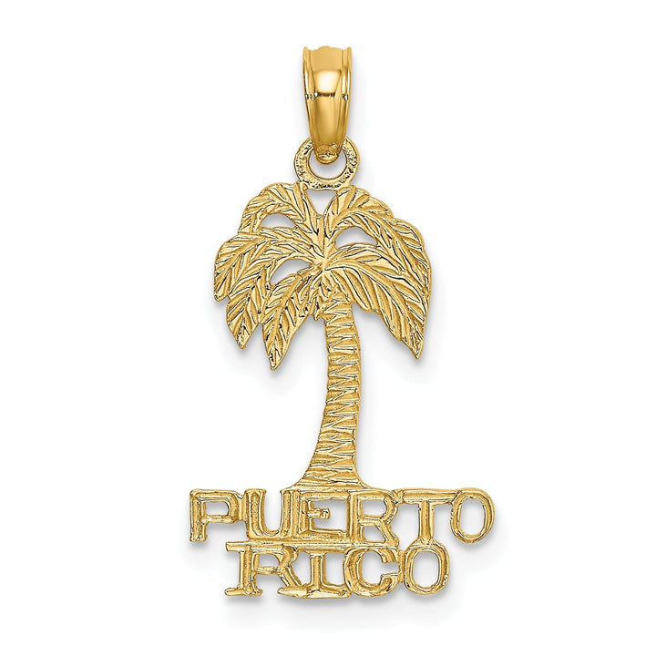 14K Yellow Gold Polished Textured Finish Flat Back PUERTO RICO Under Palm Tree Charm Pendant