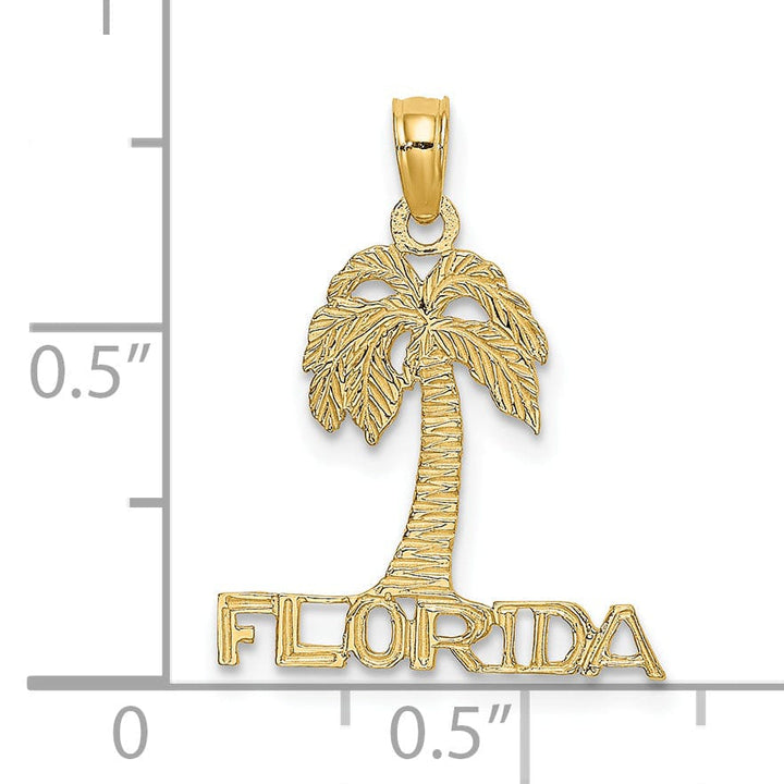 14K Yellow Gold Polished Textured Finish FLORIDA Banner Under Palm Tree Charm Pendant