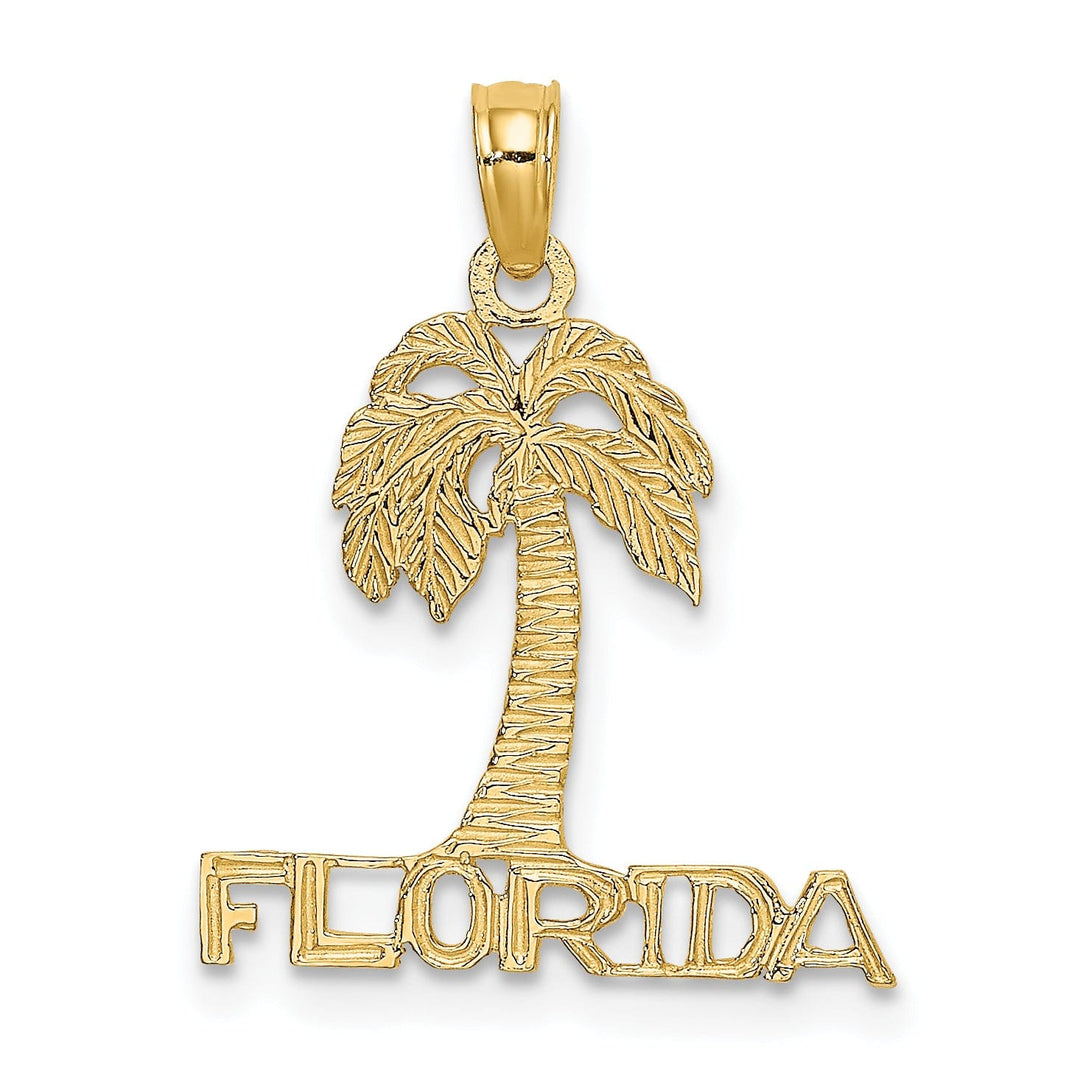 14K Yellow Gold Polished Textured Finish FLORIDA Banner Under Palm Tree Charm Pendant