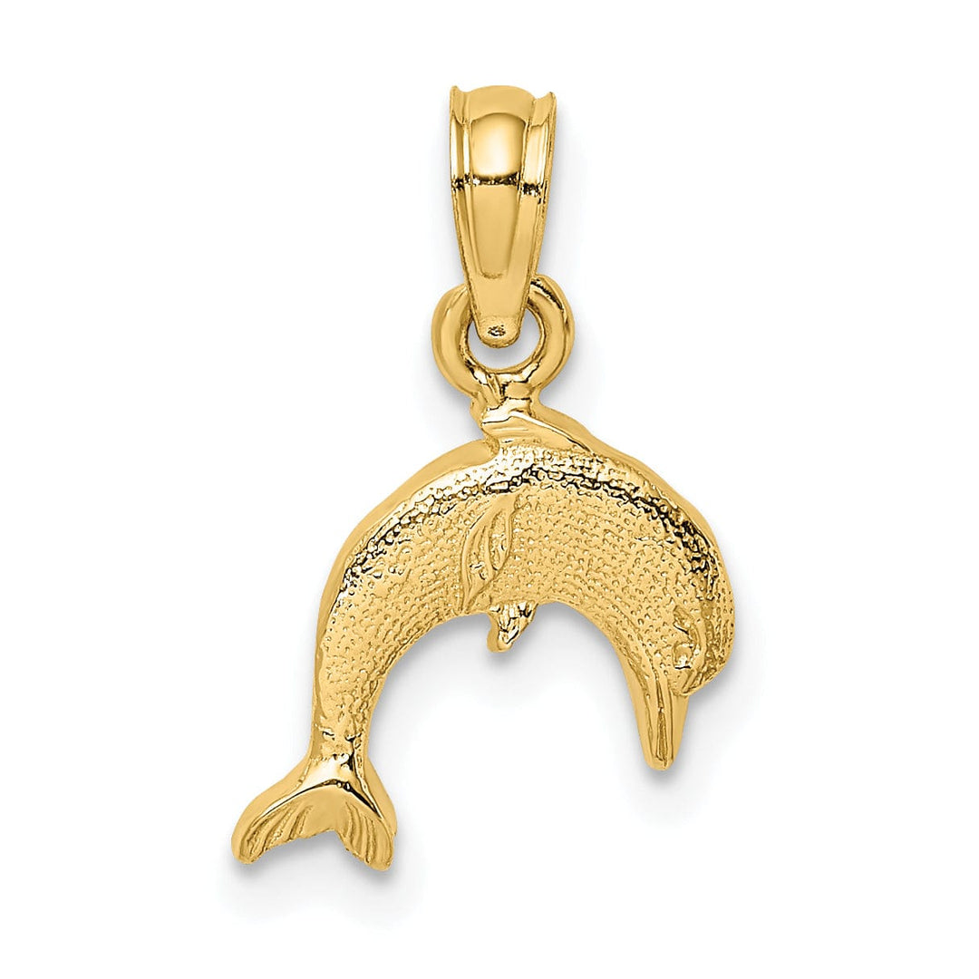 14k Yellow Gold Casted Solid Textured and Polished Finish Mini Dolphin Jumping Charm Pendant