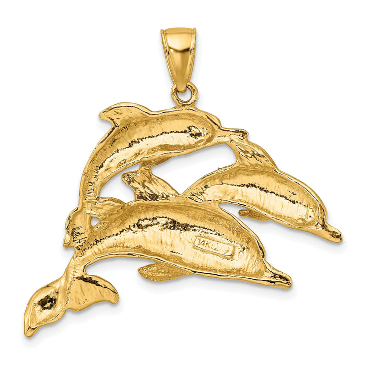 14K Yellow Gold Polished Finish 2-Dimensional Three Dolphins Swimming Together Charm Pendant