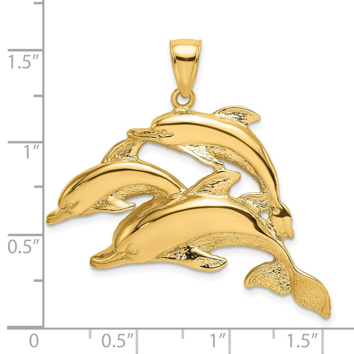 14K Yellow Gold Polished Finish 2-Dimensional Three Dolphins Swimming Together Charm Pendant