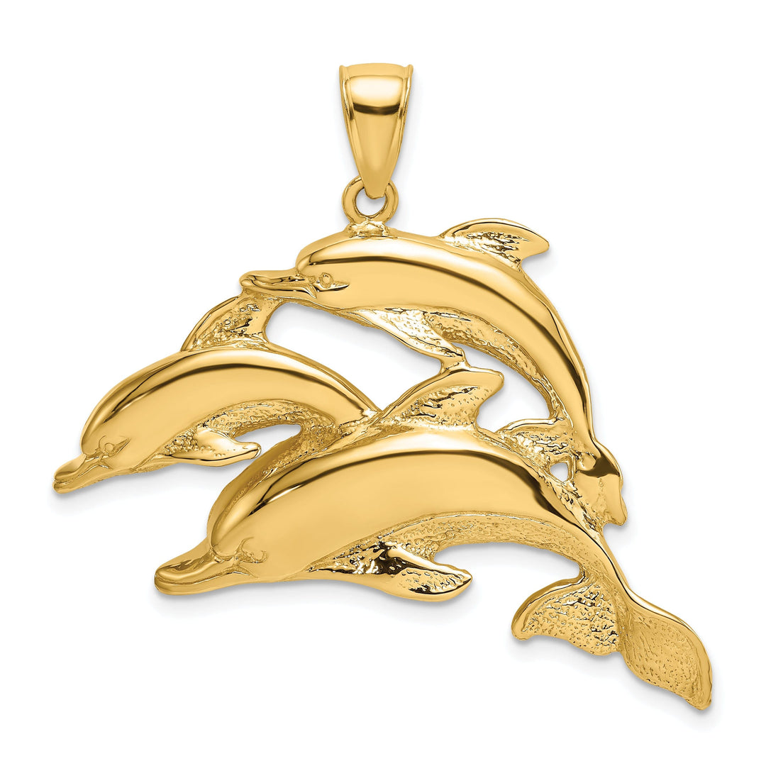 14K Yellow Gold Polished Finish 2-Dimensional Three Dolphins Swimming Together Charm Pendant