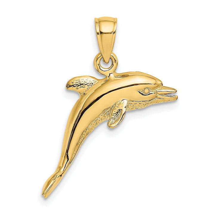 14k Yellow Gold 3D Solid Casted Polished and Textured Finish Jumping Dolphin Charm Pendant