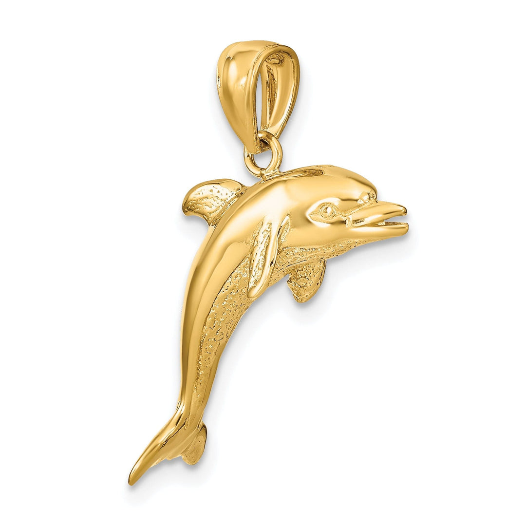 14k Yellow Gold 3D Solid Casted Polished and Textured Finish Jumping Dolphin Charm Pendant