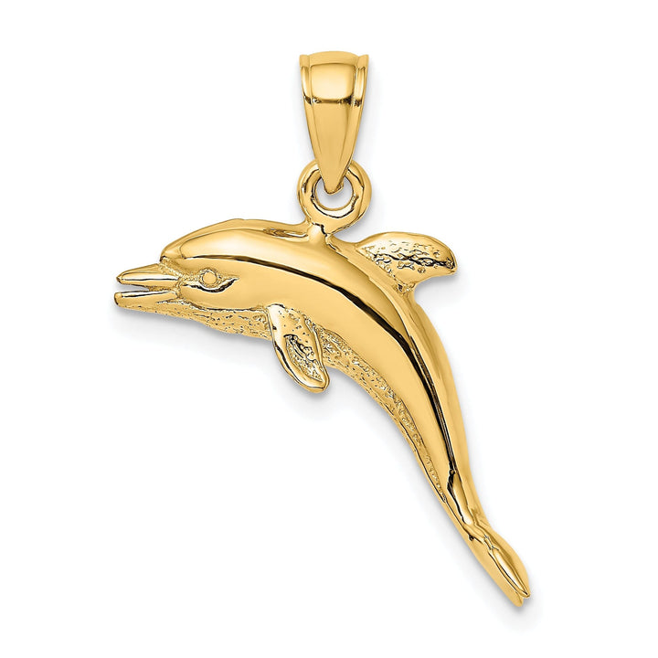 14k Yellow Gold 3D Solid Casted Polished and Textured Finish Jumping Dolphin Charm Pendant