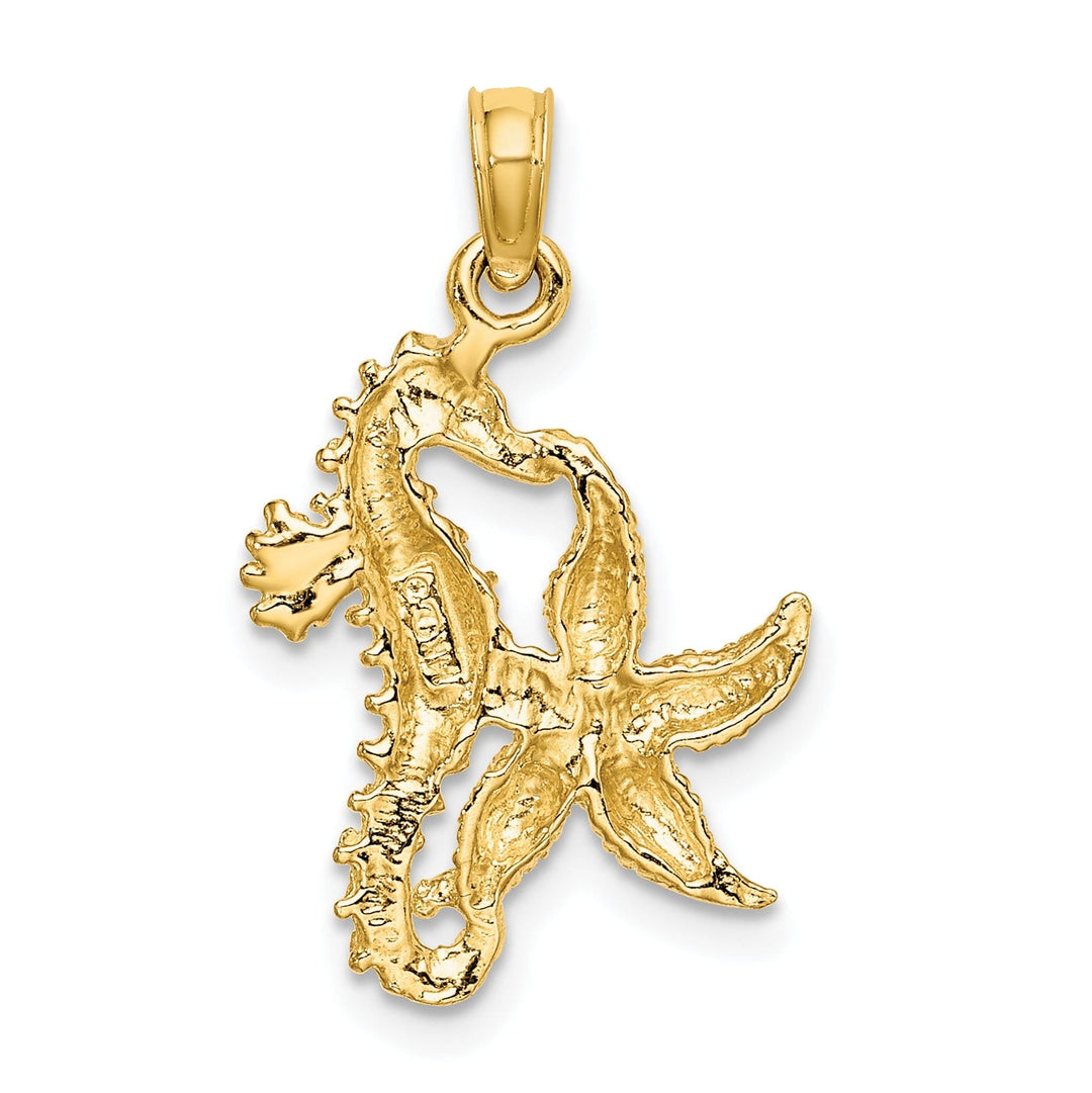 14K Yellow Gold Polished Texture Finish Solid Starfish and Seahorse Design Charm Pendant