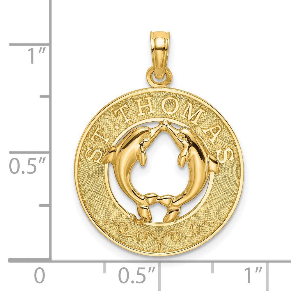 14K Yellow Gold Polished Textured Finish SAINT THOMAS Circle Design with Double Dolphins Charm Pendant