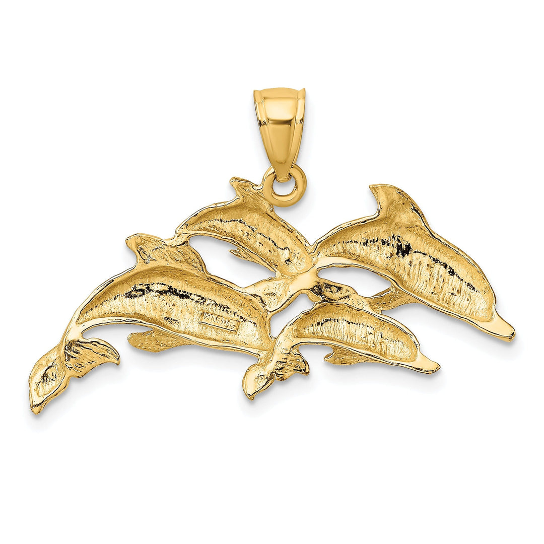 14K Yellow Gold Polished Finish 2-Dimensional Four Dolphins Swimming Together Charm Pendant