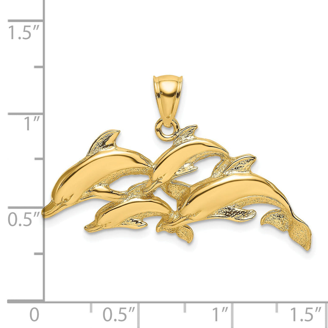 14K Yellow Gold Polished Finish 2-Dimensional Four Dolphins Swimming Together Charm Pendant