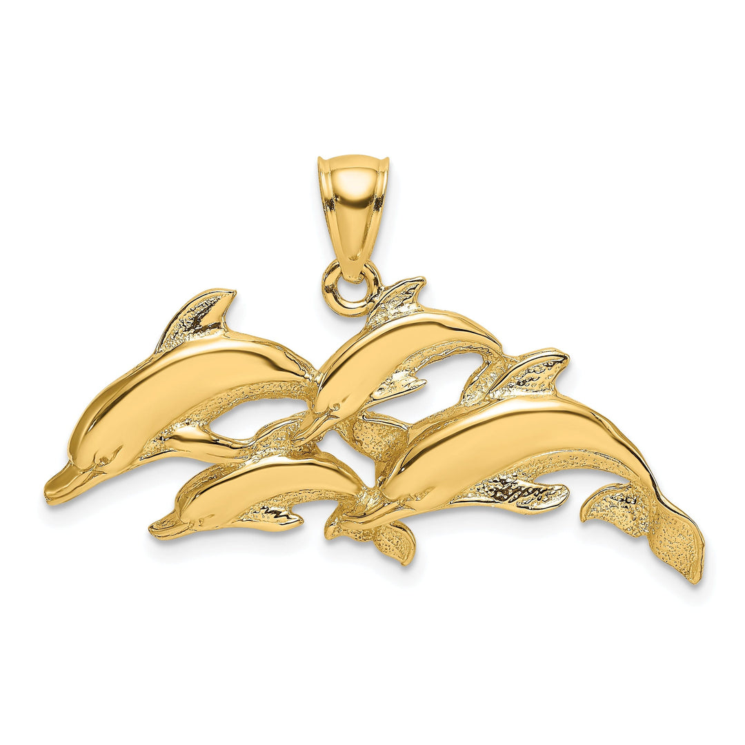 14K Yellow Gold Polished Finish 2-Dimensional Four Dolphins Swimming Together Charm Pendant