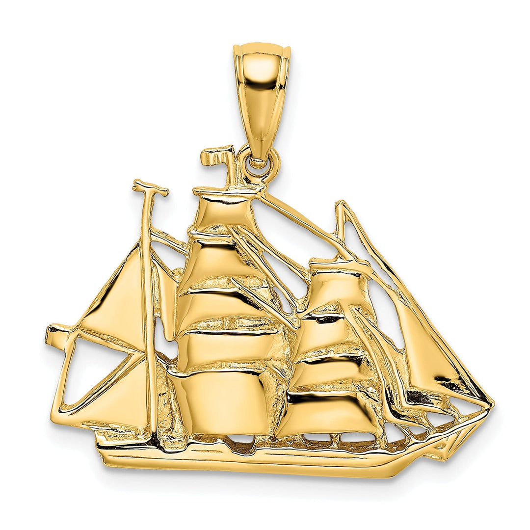 14K Yellow Gold 2-Dimensional Polished Finished Sailing Ship Charm Pendant