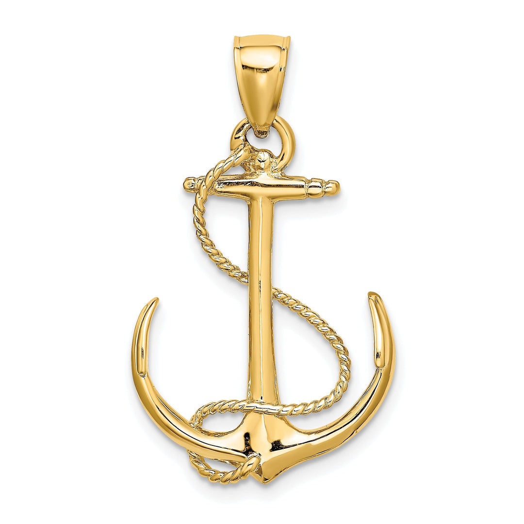 14K Yellow Gold 3-Dimensional Polished Finished Anchor with Rope Design Charm Pendant