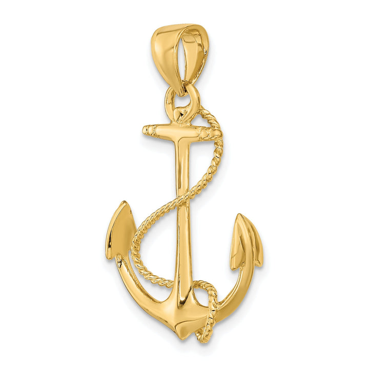 14K Yellow Gold 3-Dimensional Polished Finished Anchor with Rope Design Charm Pendant