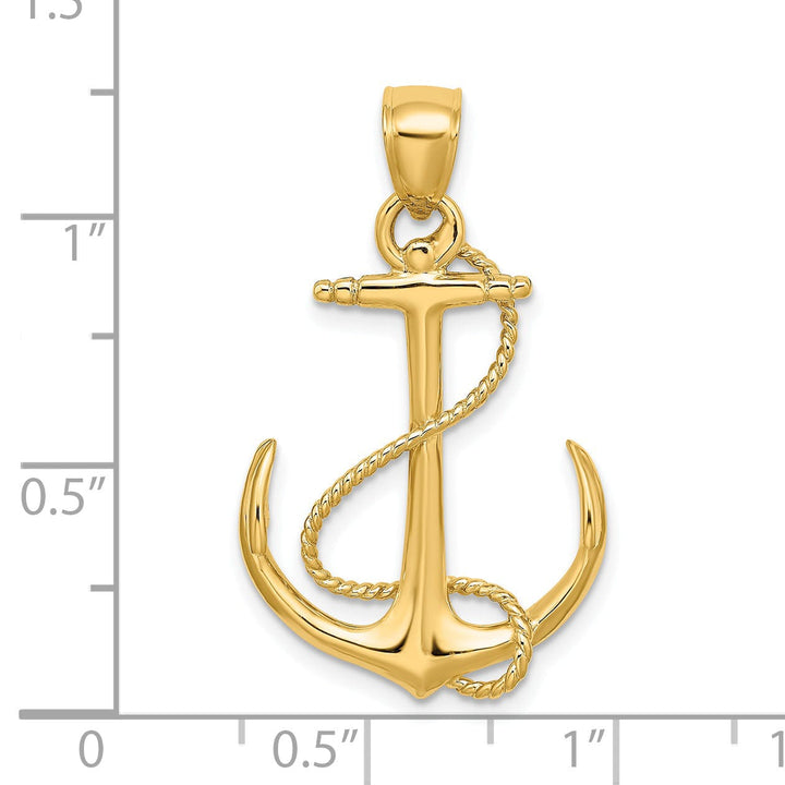 14K Yellow Gold 3-Dimensional Polished Finished Anchor with Rope Design Charm Pendant