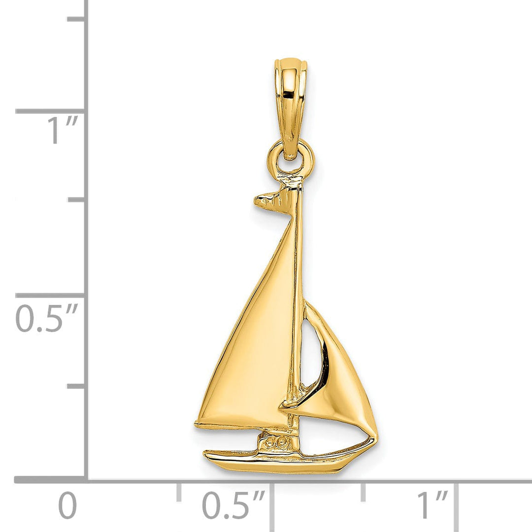 14K Yellow Gold 2-Dimensional Polished Finished Sailboat Charm Pendant