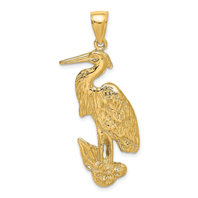 14K Yellow Gold Polished Textured Finish Standing Egret Bird Charm Pendant