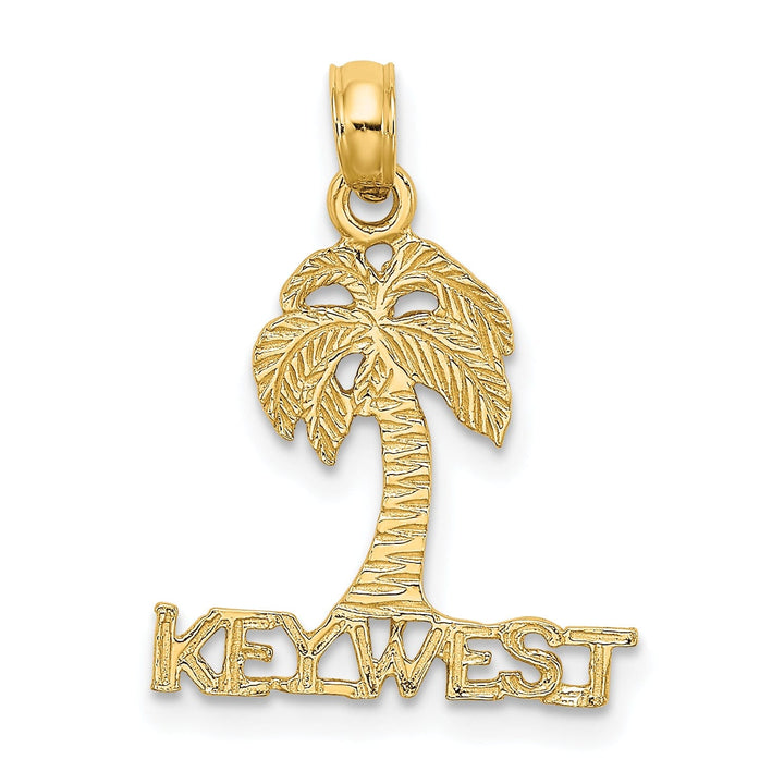 14K Yellow Gold Polished Textured Finish KEY WEST Banner Under Palm Tree Charm Pendant