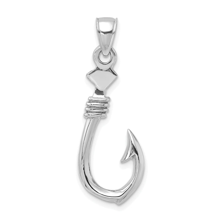 14K White Gold Polished Finish 3-Dimensional Large Fish Hook with Rope Design Charm Pendant