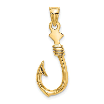 14K Yellow Gold Polished Finish 3-Dimensional Large Fish Hook with Rope Design Charm Pendant