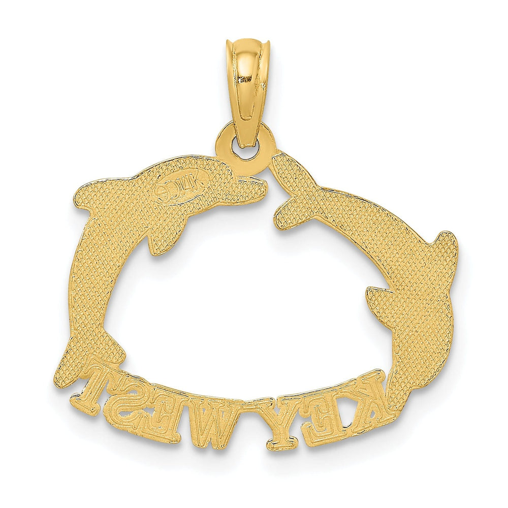 14K Yellow Gold KEY WEST Banner Under Double Dolphins Design Charm Pendant