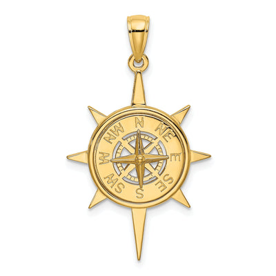 14K Yellow Gold Polished Finish Star Frame Nautical Boating Compass in Center Charm Pendant