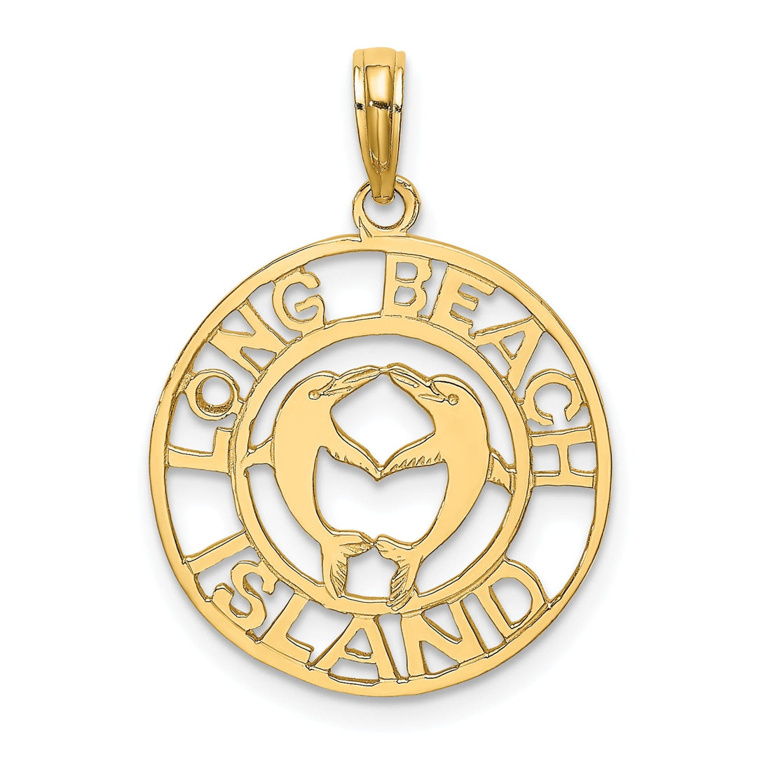 14K Yellow Gold Polished Finish LONG BEACH ISLAND with Double Dolphins Design Charm Pendant