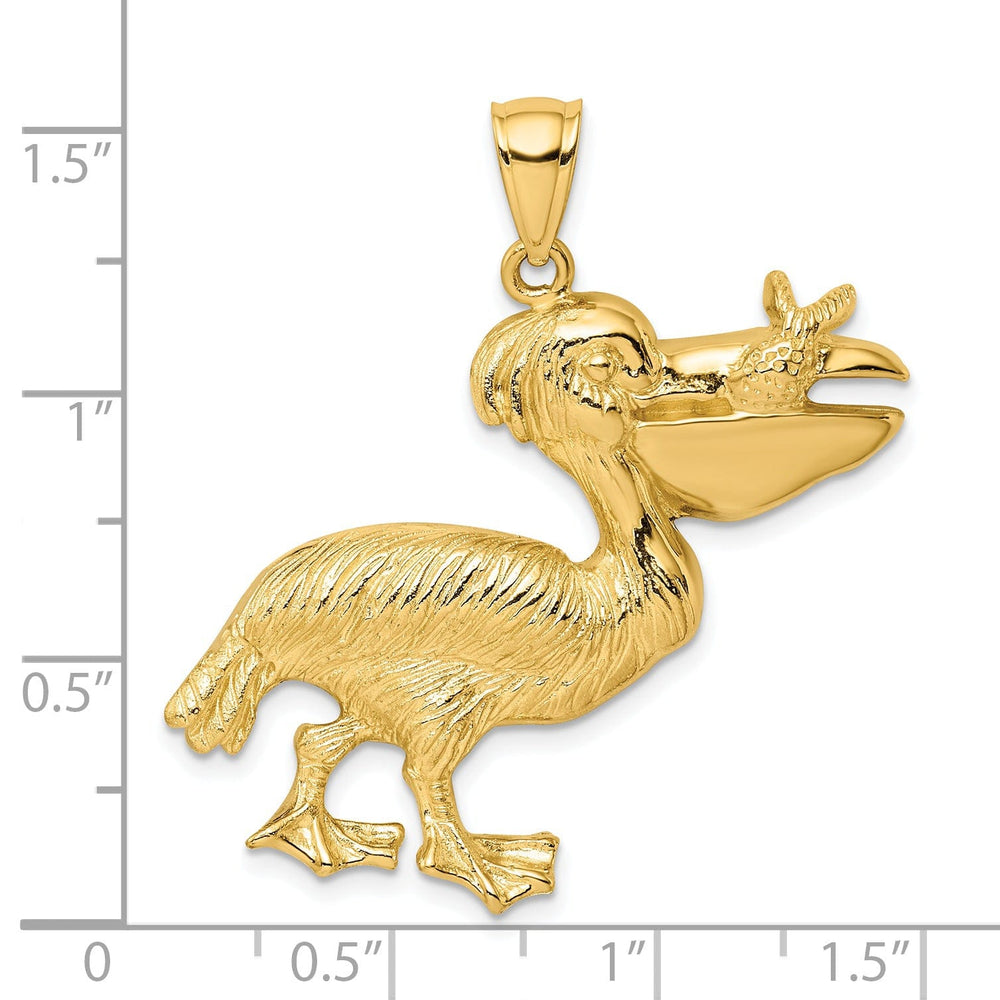 14K Yellow Gold Polished Textured Finish Pelican with Fish In Mouth Charm Pendant